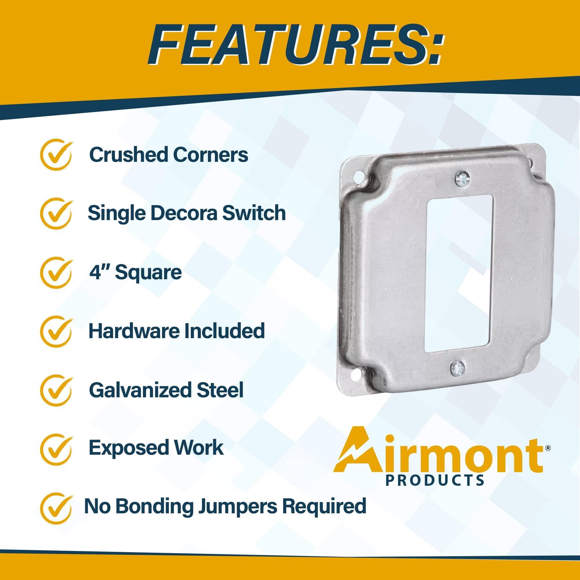 5 Pack Airmont Products 1-Gang Rocker Switch Electrical Box Cover - 4 Inch Square 1/2 Inch Raised Galvanized Steel Cover for Exposed Work - Surface Mount Junction Box Cover for Rocker Switches
