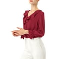 thumbnail image 2 of Unique Bargains Women's Ruffle V Neck Chiffon Work Office Peasant Blouse L Burgundy, 2 of 7