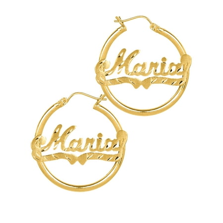 - Personalized 10K Yellow Gold Tube Hoop Script Name Earrings with Diamond Cut