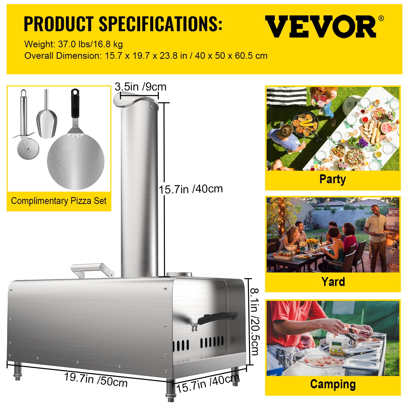 VEVOR Pizza Oven 12 in. Portable Multi-functional Charcoal Fired Outdoor Pizza Oven with Kit for Camping in Stainless Steel, Stainlesss Steel