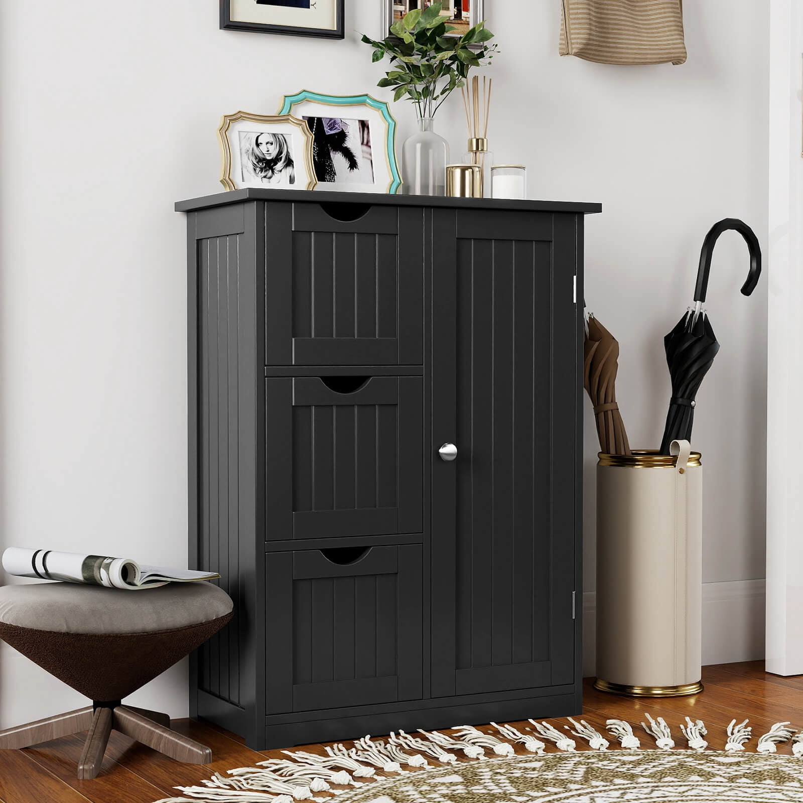 Costway Bathroom Floor Cabinet Side Storage Cabinet, Black, 12''