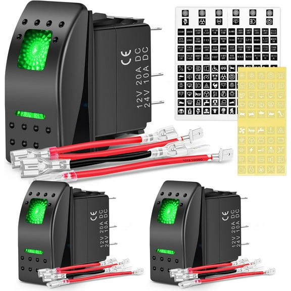 Nilight 3 Pack Rocker Switches with Night Glow DIY Stickers On Off 5 PIN SPST LED Light Switches with Green Backlit 12V/24V Toggle Switches for Cars Trucks RVs Boats Auto Motorcycles,2 Years Warranty
