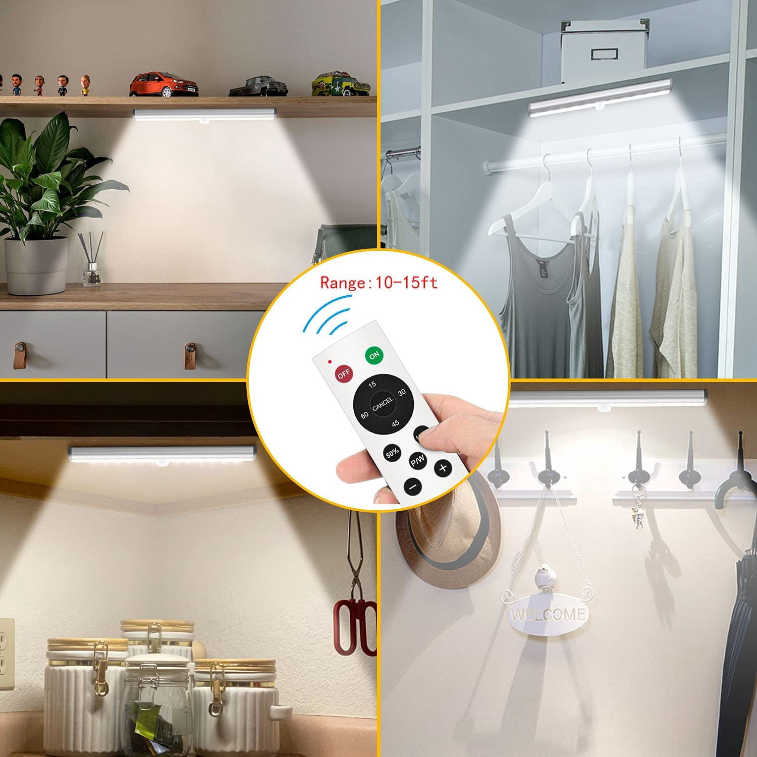Remote Control Under Cabinet Lighting Wireless, 20-LED Dimmable Closet Lights Rechargeable Under Counter Light, Stick on Touch Night Light Strip Bar for Kitchen Stairway Bedroom, 3 Colors