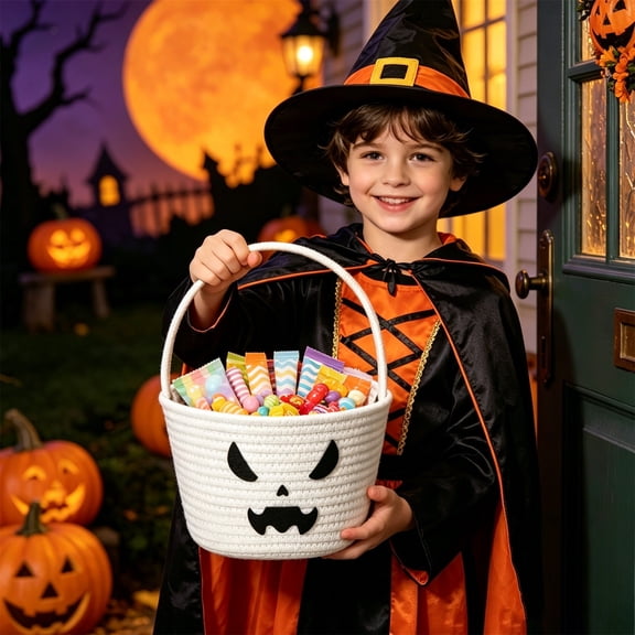 Kcolen Kids Halloween Basket Pumpkin Candy Bucket, Portable Trick or Treat Handheld Candy Bag for Holiday Party Favors, Halloween Gifts for Boys Girls