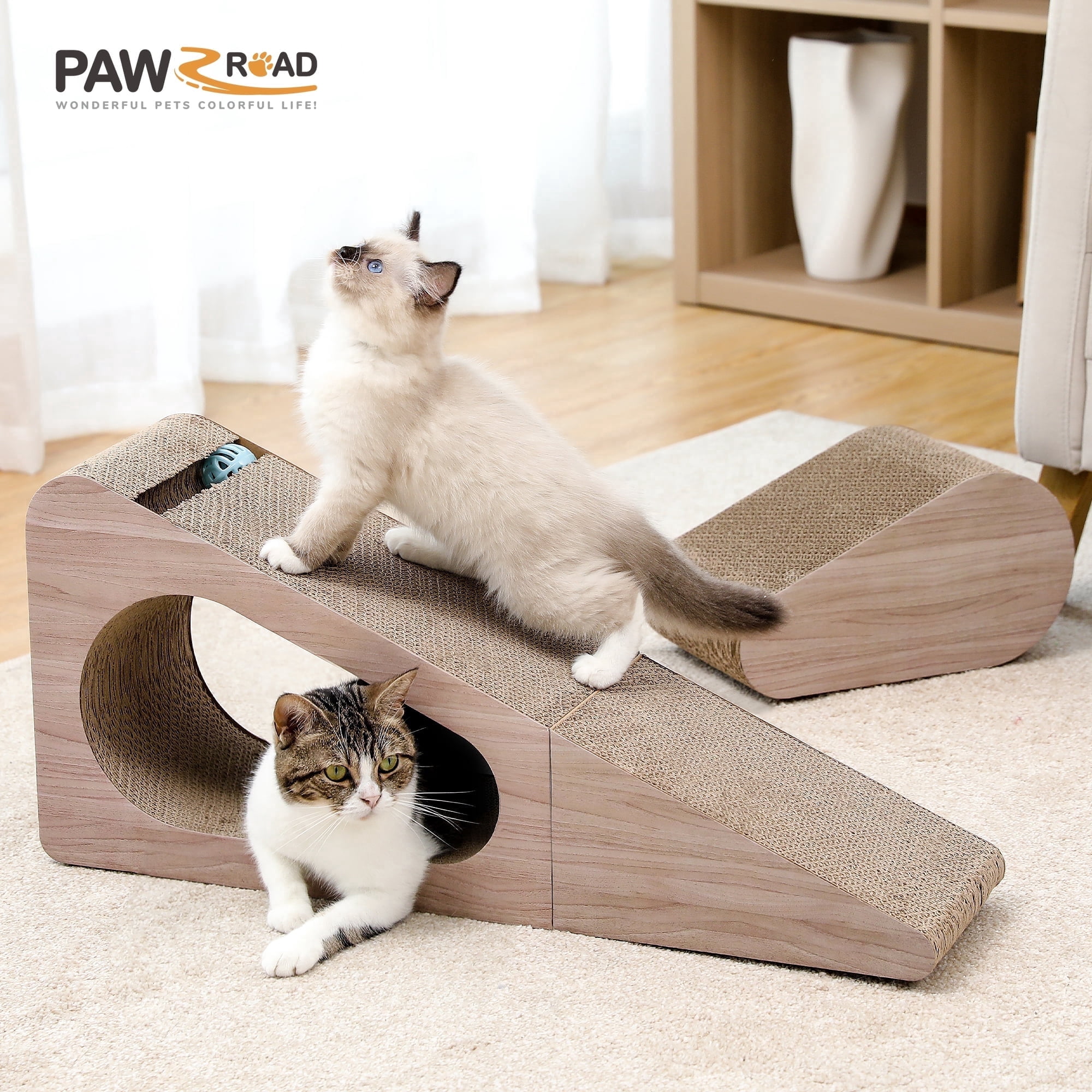 PAWZ Road 28" Cat Scratching Post 2 in 1 Large Three Sided Cat Scratcher Cardboard Cat Scracherwith Balls for Indoor Cat and Kittens