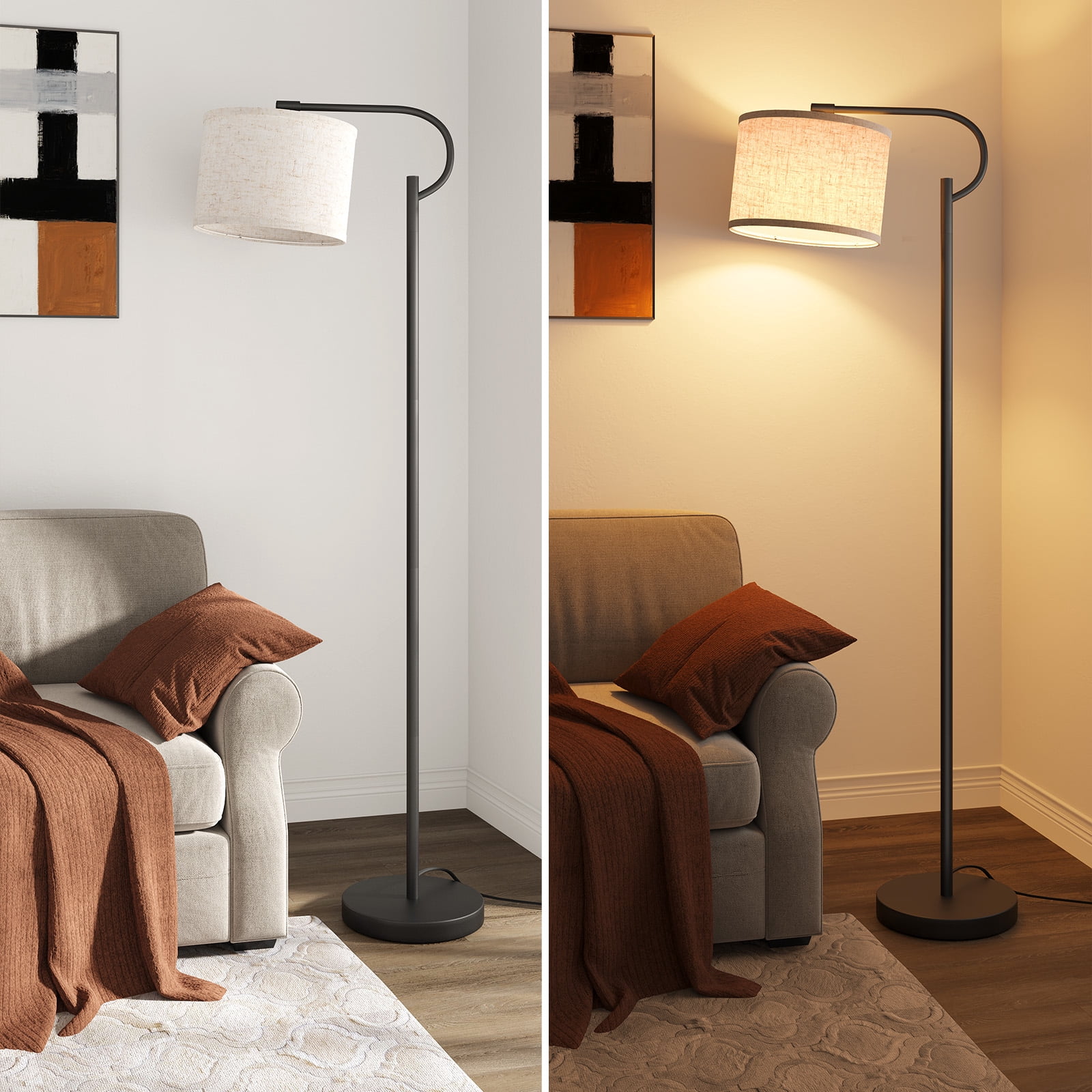 SUNMORY 63" Arc Floor Lamp for Living Room, Dimming Standing Lamp with Linen Shade, Tall lamp with 3 Color Temperature LED, Metal Modern Floor Lamps for Bedroom, Office, Bulb Included, Black