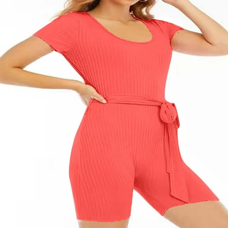 

Dasayo Orange Women Rompers and Jumpsuits Jumpsuits for Women Short Sleeves Solid Color U Neck Sports Elastic Pants Pants Short Jumpsuits