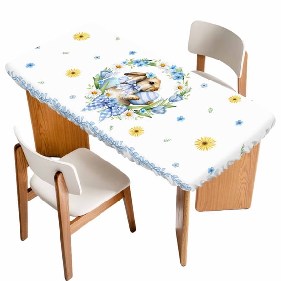Easter Rabbits Eggs Table Cloths for 5 Foot Rectangle Tables, Watercolor Floral Daisy Bunny Bow Spring Patio Waterproof Elastic Fitted Tablecloths, Washable Rectangular Table Cover for Camping