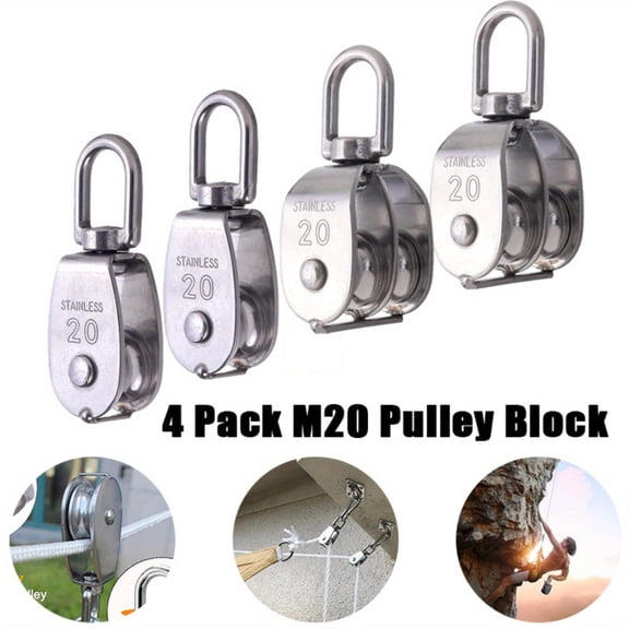 4 Pack M20 Lifting Single Pulley Block 304 Stainless Steel Crane Swivel Hook Double Pulley Roller Loading