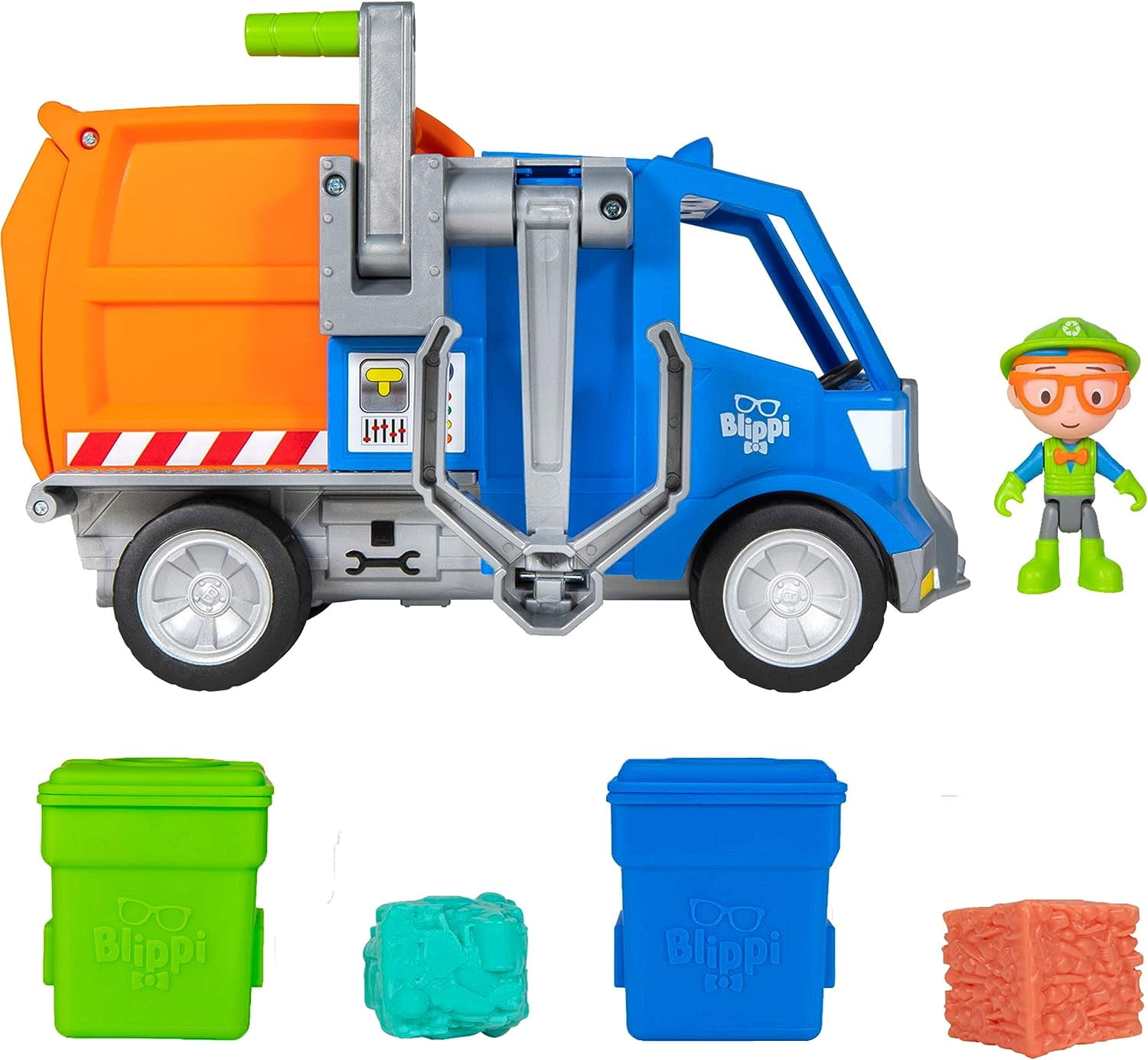 Jazwares Blippi Recycling Truck - Includes Character Figure, Working Lever, 2 Trash Cubes, 2 Recycling Bins - Sing Along with Popular Catchphrases - Educational Toys for Kids