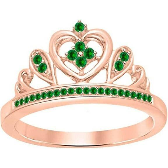 Engagement Wedding 925 Sterling Silver 14K Rose Gold Plating Round Cut Green Emerald Tiara Queen Crown Heart Shaped Ring For Women