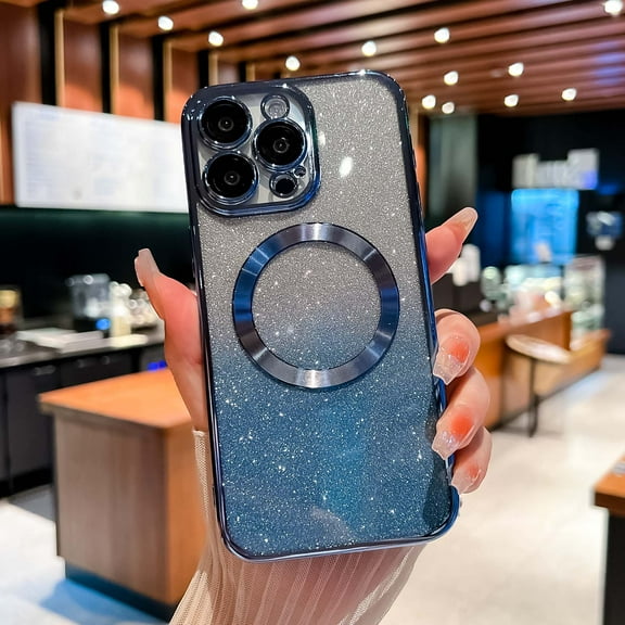 Compatible With iPhone 16 Pro Max Glitter Phone Case,With Lens Film,Compatible with MagSafe,Luxury Bling Glitter Slim Shockproof Anti-Scratch Anti-fall Electroplated Magnetic Phone Case,Blue