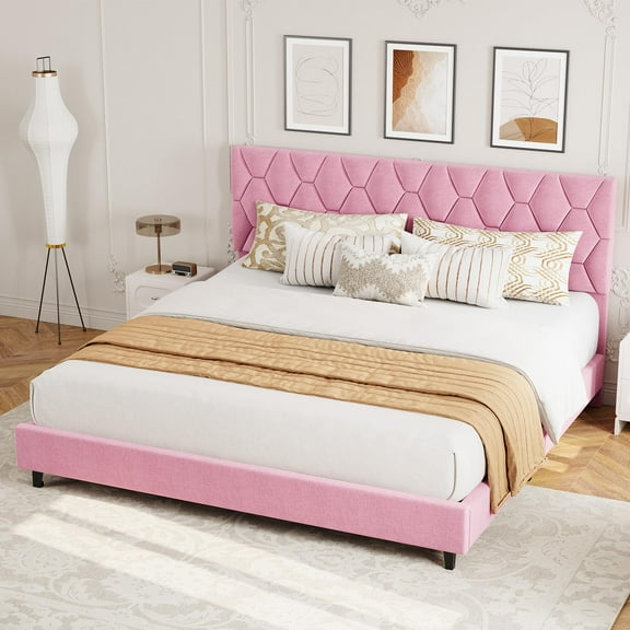 KING Bed Frame with Upholstered Headboard and Wooden Slats Support, Heavy-Duty Platform Bed Frame with Adjustable Headboard, No Box Spring Needed, Easy Assembly, Noise Free Pink