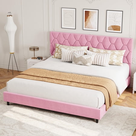 California King Upholstered Platform Bed Frame with Adjustable Padded Headboard - Heavy-Duty Wood Slats - No Box Spring Needed - Modern Noise-Free Design - Easy Assembly - Bedroom Furniture Pink