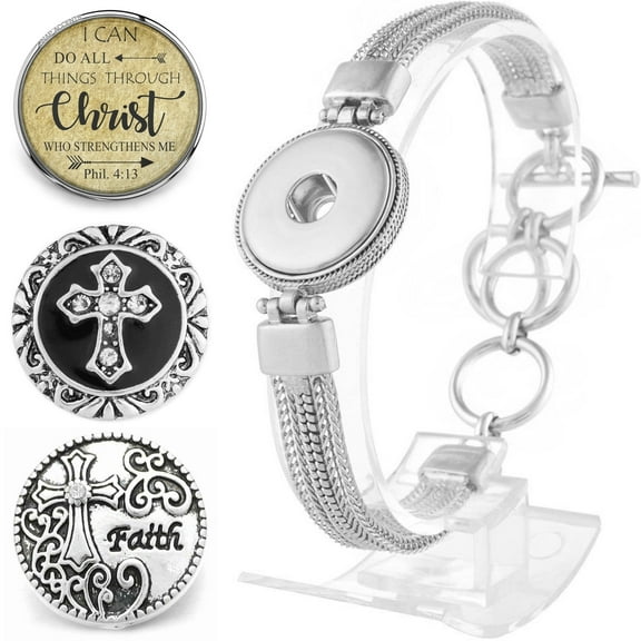 Snap Jewelry Set - 3 Faith Snap Charms, 1 Silver 9 in. Bracelet Bundle, Fits 18MM 20MM Ginger Charm Buttons