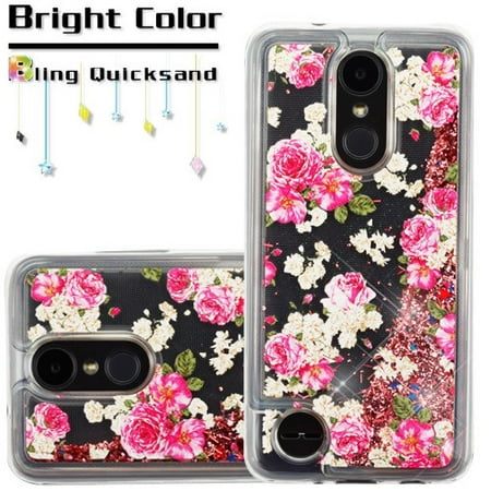 LG Phone Case BLING Hybrid Liquid Glitter Quicksand Rubber Silicone TPU Protective Hard Sparkle Cover European Rose Flowers Case for LG Aristo 2 / Zone 4 / Fortune 2 / Risio 3 / K8 / K8 Plus