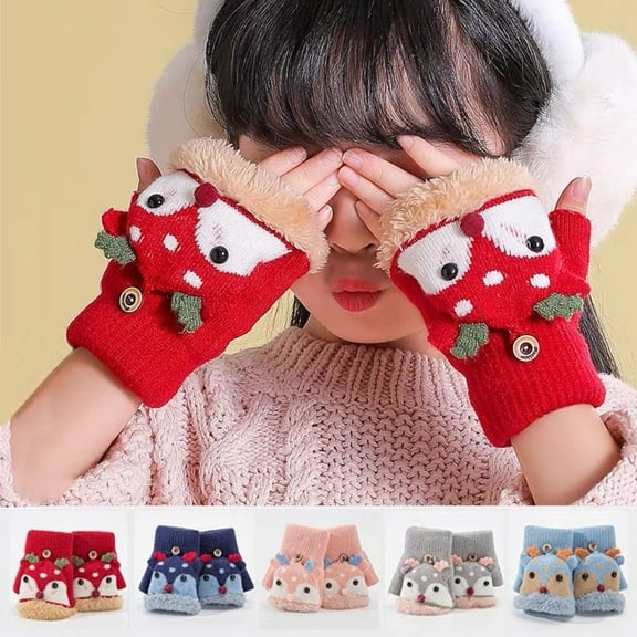 Kids Fingerless Gloves Knit Convertible Mitten Half finger Christmas Deer Mitten Flap Winter Warm Aged 3-7
