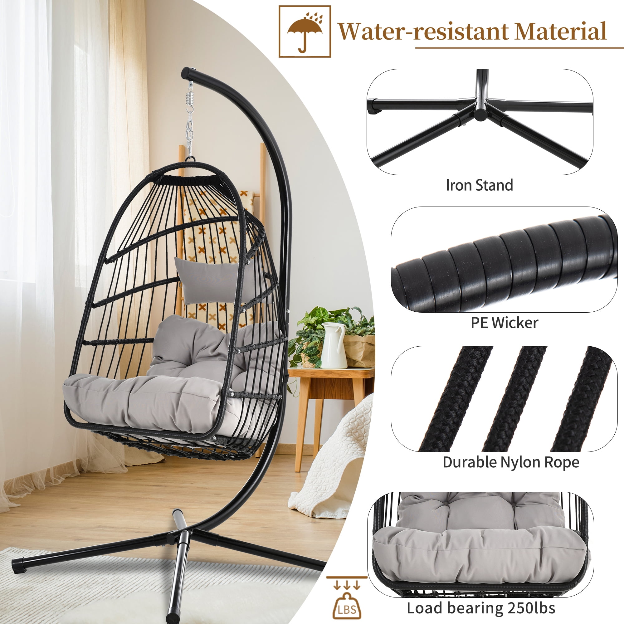 Buy Patio Wicker Hanging Chair with Stand and Cushion, Heavy Duty