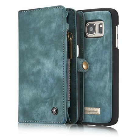 Eforcity Green Leather Case Galaxy S7 Wallet Case, Alleytech 2 in 1 Handmade Leather Zipper Wallet Case with Detachable Cover & Card Cash Pocket + Magnetic Clasp Closure for Samsung Galaxy S7 2016, Green ()
