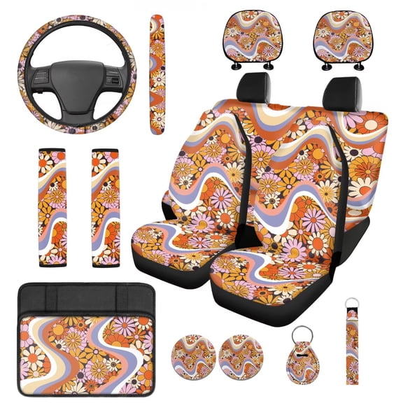 KUIFORTI Hippie Flower Auto Seat Covers Set 14 Pcs with Auto Center Console Pad Steering Wheel Cover Seat Belt Pads Car Headrest Protectors Car Cup Coasters for Most Cars