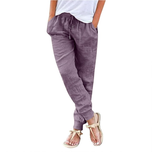 Lovskoo Women's Full Length Cotton and Linen Pants Casual Drawstring Elastic Waist Long Pants Purple