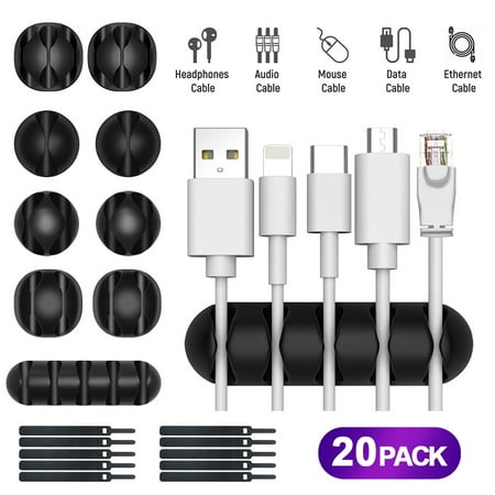 20 Pack Cable Management Premium Black Cable Clips Holders Multi-purpose Cable Cord Organizer Clips for Home and Office Silicone Desk Self-Adhesive Cord Wire Holders Self-Gripping Cable Ties Black