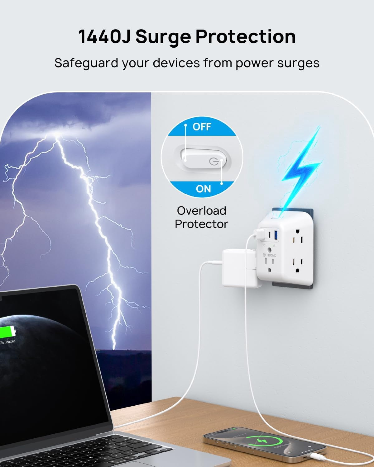 Surge Protector Outlet Extender - 5 Outlet Splitter with 3 USB Ports (1 USB C), Multi Plug Expander with ON/Off Switch, 3 Sided Multiple Wall Plug Power Strip for Home Travel Office