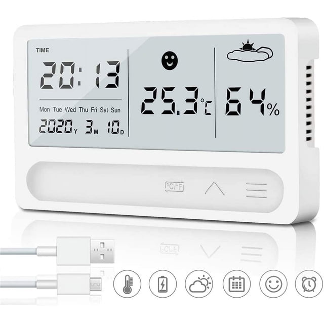 Termómetro higrómetro para interiores, termohigrómetro digital recargable con reloj despertador y detección rápida de 2 s, hidrómetro de alta precisión para la oficina de la habitación del bebé Ormromra