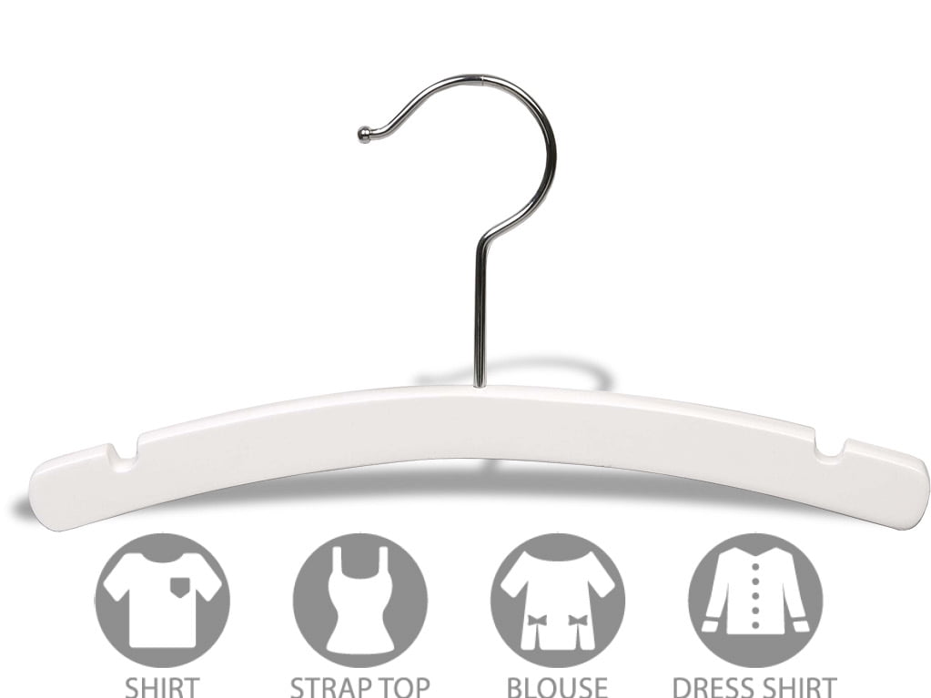 White Wooden Kids Top Hanger, Box of 50 12-inch Arched Hangers with Swivel Hook