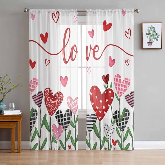 White Love, Semi Sheer Curtains 96 Inch Length 2 Panels Set, Hppy Valentine's Day Geometric Leaves Sheer Kitchen Curtain Privacy Voile Window Curtain for Living Room Bedroom Rod Pocket Drapes