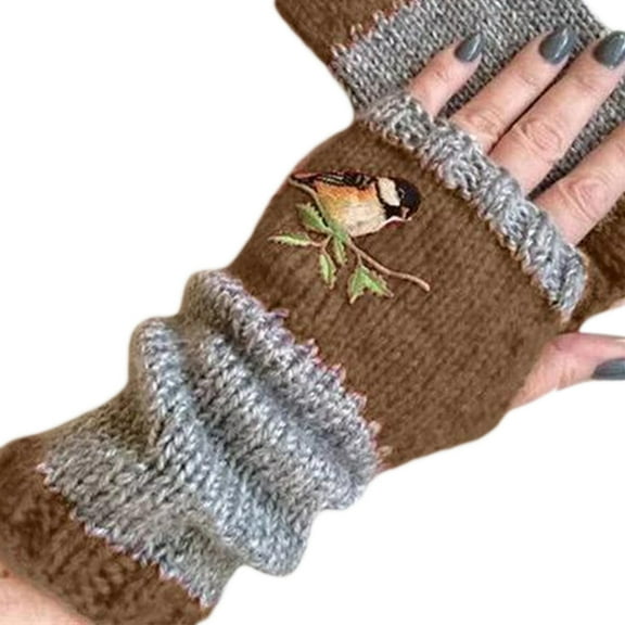 Aellinatey Winter Knit Fingerless Gloves Bird Embroidered Thumb Hole Half Finger Mittens