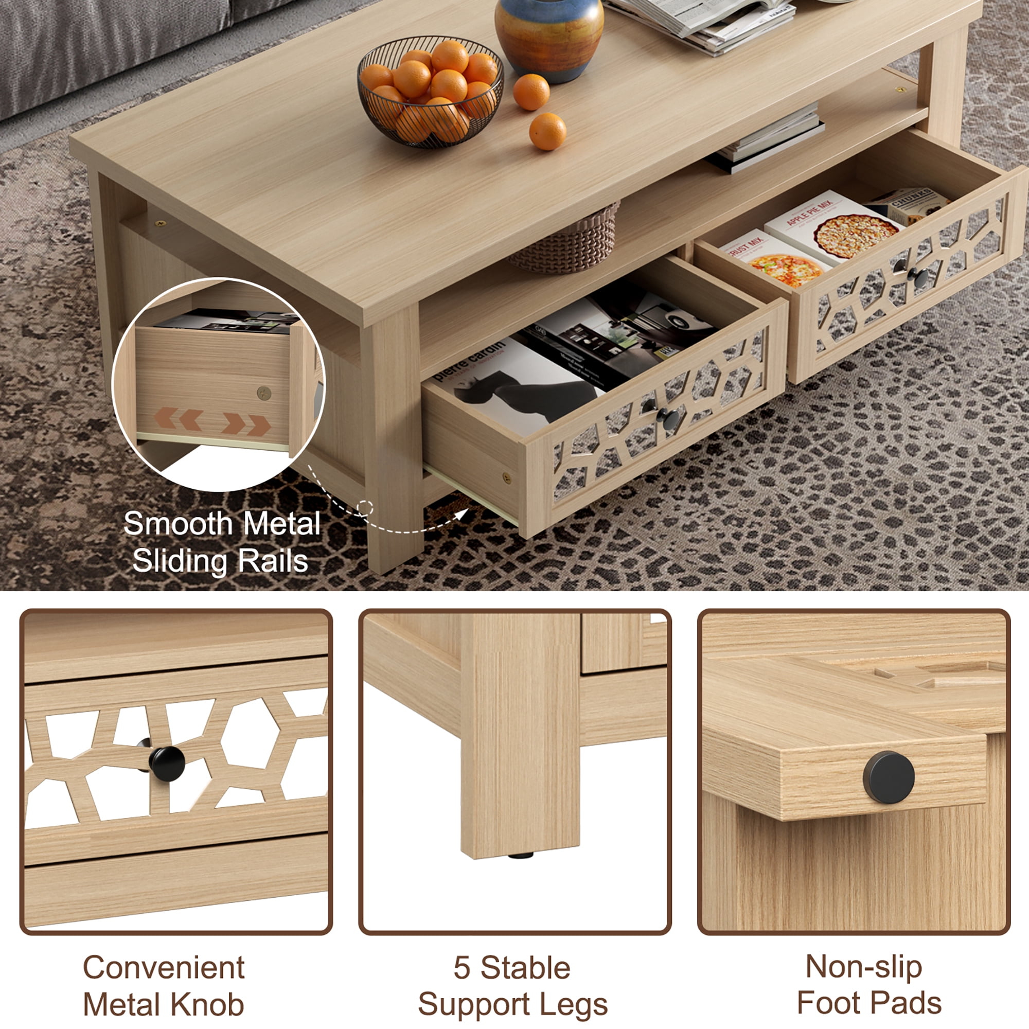 Costway Coffee Table with2 Drawers & Open Shelf Modern Rectangular Wood Living Room Table Natural