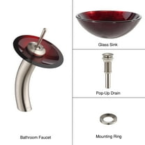 KRAUS Irruption Glass Vessel Sink in Red with Single Hole Single-Handle Waterfall Faucet in Satin Nickel