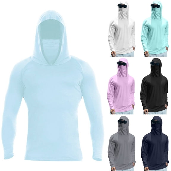 Men's UPF 50 Sun Protection Hooded Fishing Shirt with Integrated Face Cover Long Sleeve Quick Dry Rash Guard Cyan L