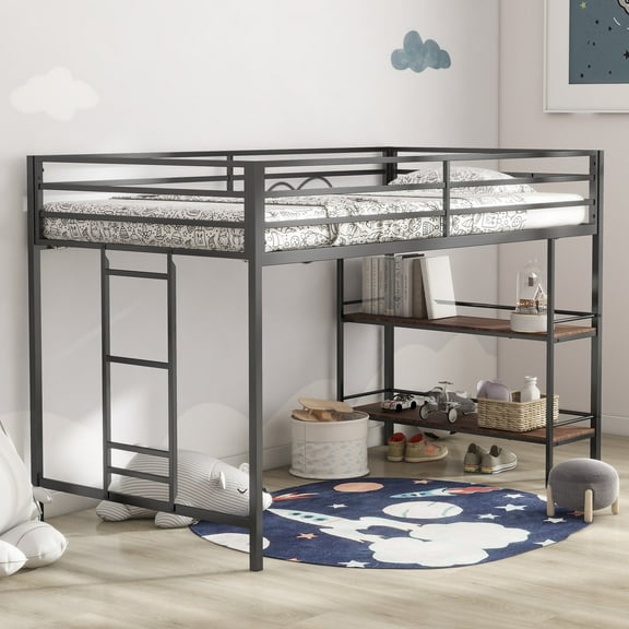 DreamBuck 49'' Tall Junior Metal Loft Bed with Shelves, Metal Loft Bed Twin with Ladder and Full-Length Guardrails, Twin Loft Bed for Teens, Boys, Girls, No Box Spring Required, Noise Free