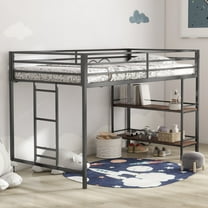 DreamBuck 49'' Tall Junior Metal Loft Bed with Shelves, Metal Loft Bed Twin with Ladder and Full-Length Guardrails, Twin Loft Bed for Teens, Boys, Girls, No Box Spring Required, Noise Free