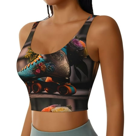 Picia Classic Floral Blue Skate Shoes Sports Bra for Women Padded Strappy Sports Bras Medium Support Yoga Bra with Removable Cups Running Yoga Bra-Medium