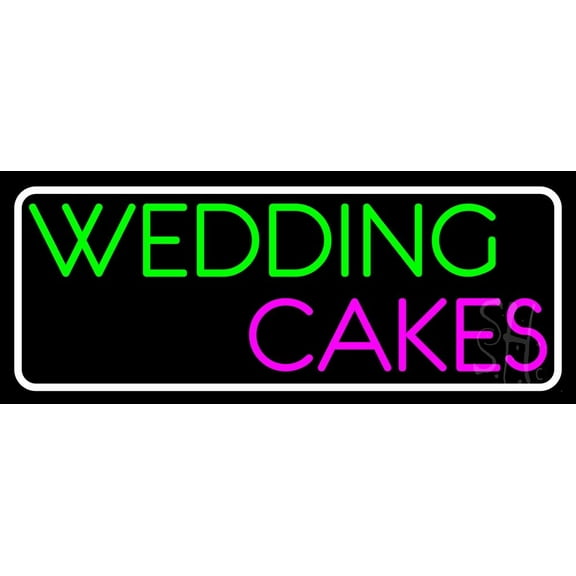 White Border Wedding Cakes LED Neon Sign 13" Tall x 32" Wide - inches, Black Square Cut Acrylic Backing, with Dimmer - Premium built indoor Sign for Storefront, Store interior.
