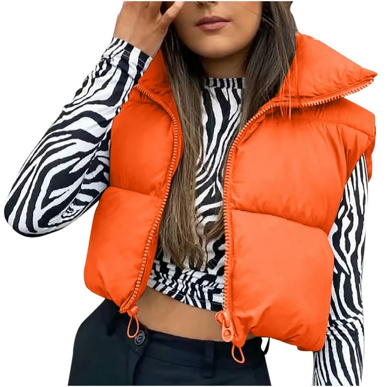 Hfyihgf Women's Cropped Puffer Vest Winter Zip Up Lightweight Sleeveless Warm Outerwear Quilted Padded Coat Collar Down Jacket Vest(Orange,L), Size