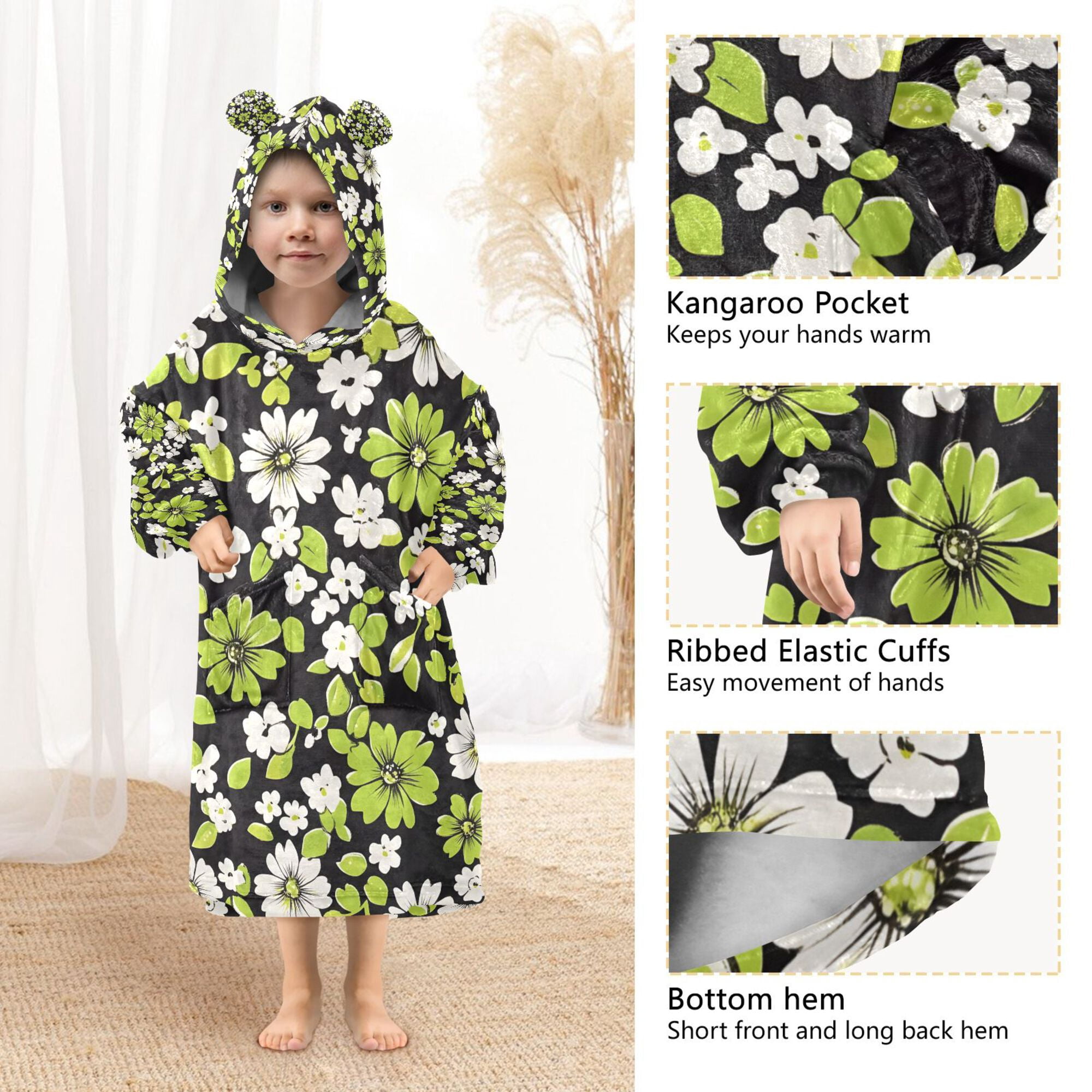 FORMRS Wearable Blanket Hoodie with Sleeves for Kids Cozy Flannel Sweatshirt, Green Flower Pattern