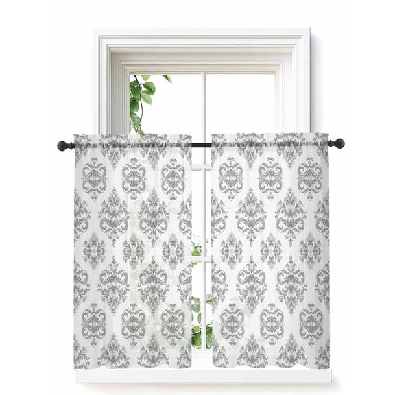 Grey Floral Boho Tier Curtains 45 Inch Length,Sheer Curtains for Bedroom Living Room Window Vintage Ethnic Tribe Abstract Art Rod Pocket Drapes Kitchen Curtains Small Half Window 27.5"x45" 2 Panels