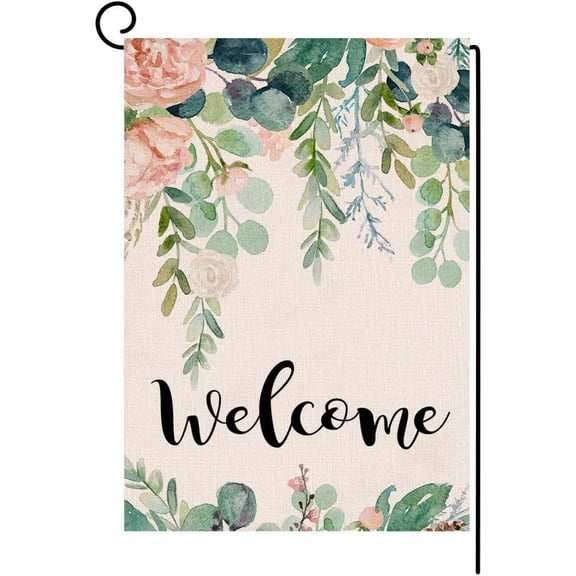 Shmbada Spring Floral Welcome Garden Flag 1218 Inch Small Vertical Double Sided Farmhouse Greenery Eucalyptus Leaves Burlap Yard Outdoor Decor