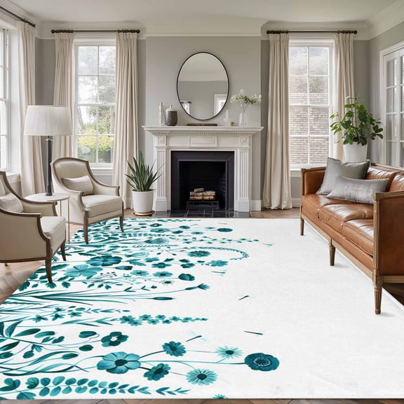 Teal Spring Floral Area Rugs 5'x8', Washable Small Throw Rugs for Classroom Bedroom, Watercolor Flowers Elegant Pastoral Indoor Outdoor Rug Non-Slip Low Pile Carpet Runner Reversible Floor Mats