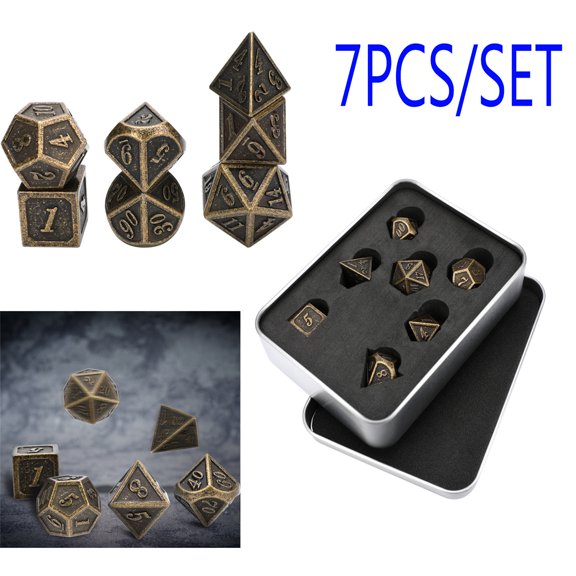KKSQ 7Pcs/Set Ancient Design Dice,Brass Metal Polyhedral Dice Italic Number Dice Dungeons and Dragons Dice,for RPGs Savage World,Warhammer,Role Playing Game