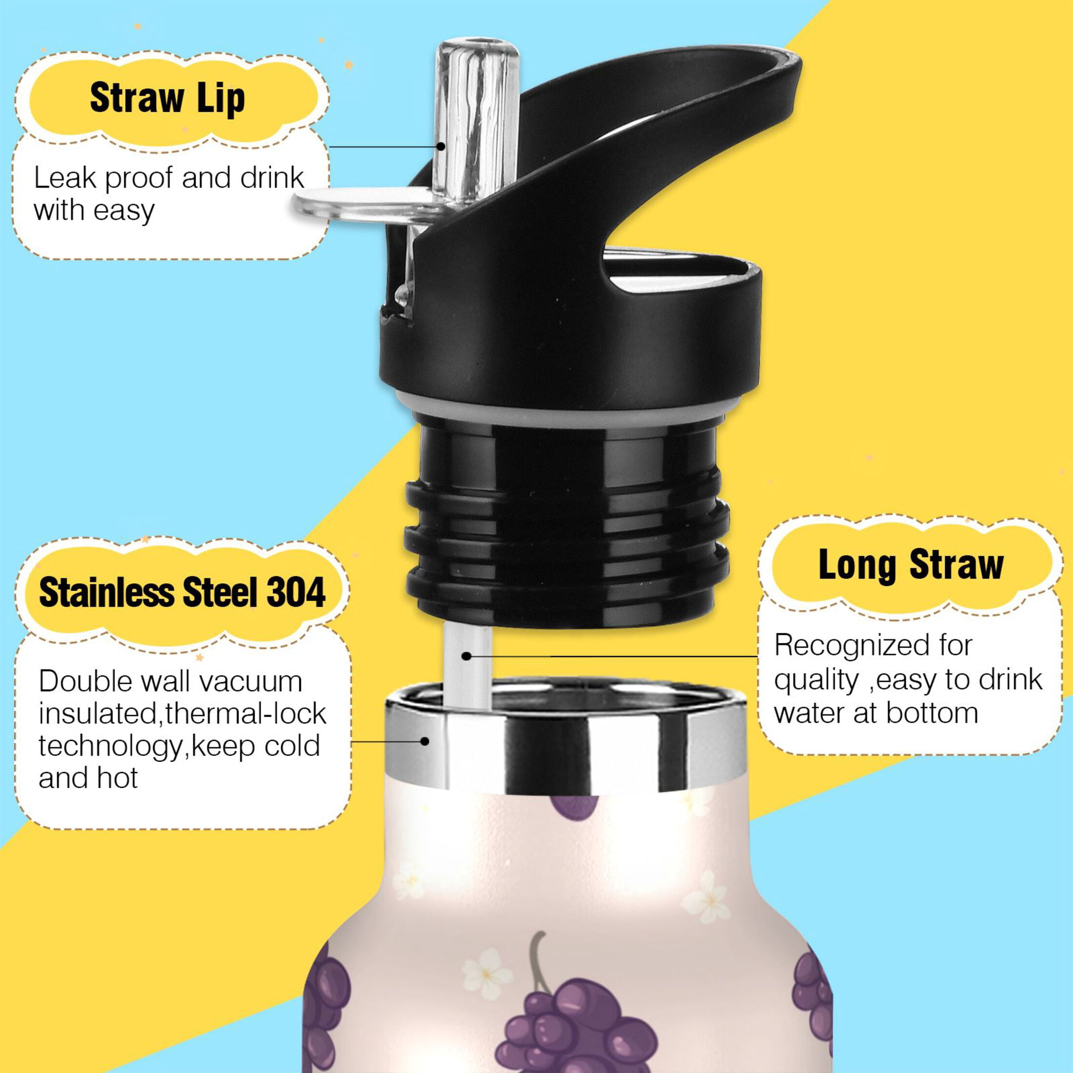 Kids Insulated Stainless Steel Sports Water Bottle 600ml (20oz) Grapes and Flowers Pattern