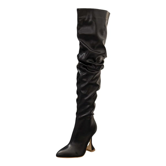 Womens Slouchy Over the Knee High Boots Trendy Leather Pointed Toe Wine Bottle Heeled Pull on Thigh High Long Boots Black