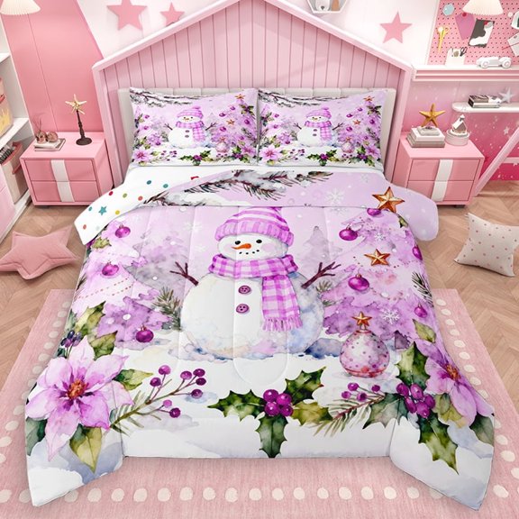 Homewish Kawaii Winter Snowman Bedding Comforter Set for Kids, Christmas Flower Plant Twin Comforter Sets, Cute Cartoon Reversible Bedding Set, Ultra Soft Bedroom Decor, 2-Piece