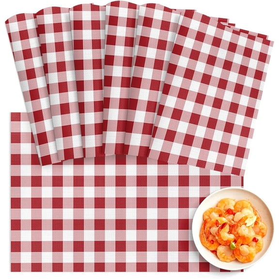 Farmhouse Buffalo Plaid PVC Placemats Set of 6 for Dining Table, Washable Wipeable Vinyl Table Mats, Red White Non-Slip Place Mats Indoor for Kitchen Table Party Kids