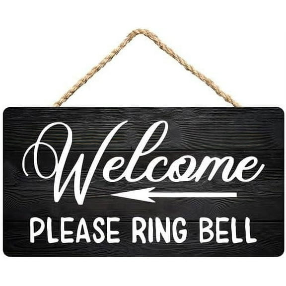Zomyto Welcome Sign,Welcome Please Ring Bell Sign With Arrow Rustic Wooden Hanging Sign 12X6 In Door Hanging Plaques, black-3