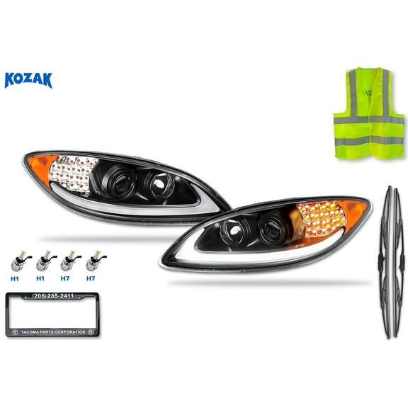 KOZAK Black LED DRL Glow Bar, Turn Signal Projector Headlights Pair Compatible with International Prostar 2008-2016